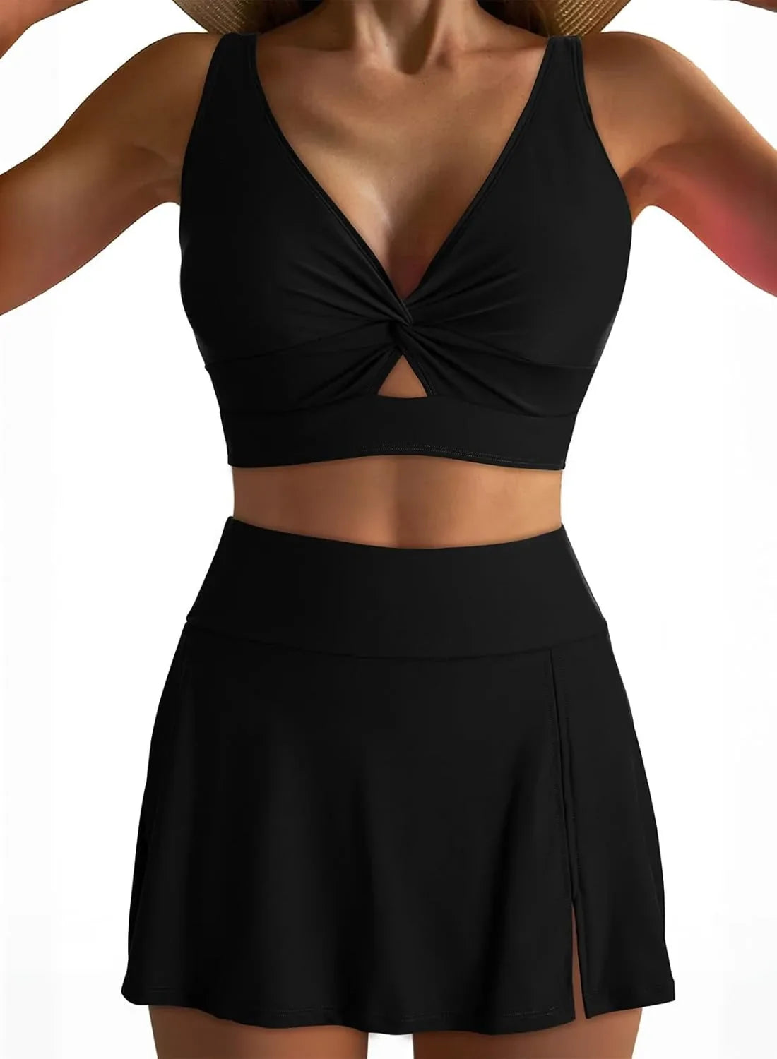 Vintage Black Two Piece Swimsuit Swimwear Hollow Out Cross Crop Top with High Waist Skirt Bikinis Sets