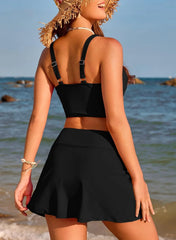 Vintage Black Two Piece Swimsuit Swimwear Hollow Out Cross Crop Top with High Waist Skirt Bikinis Sets