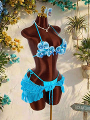 Vintage Blue 3D Floral Bikinis Sets