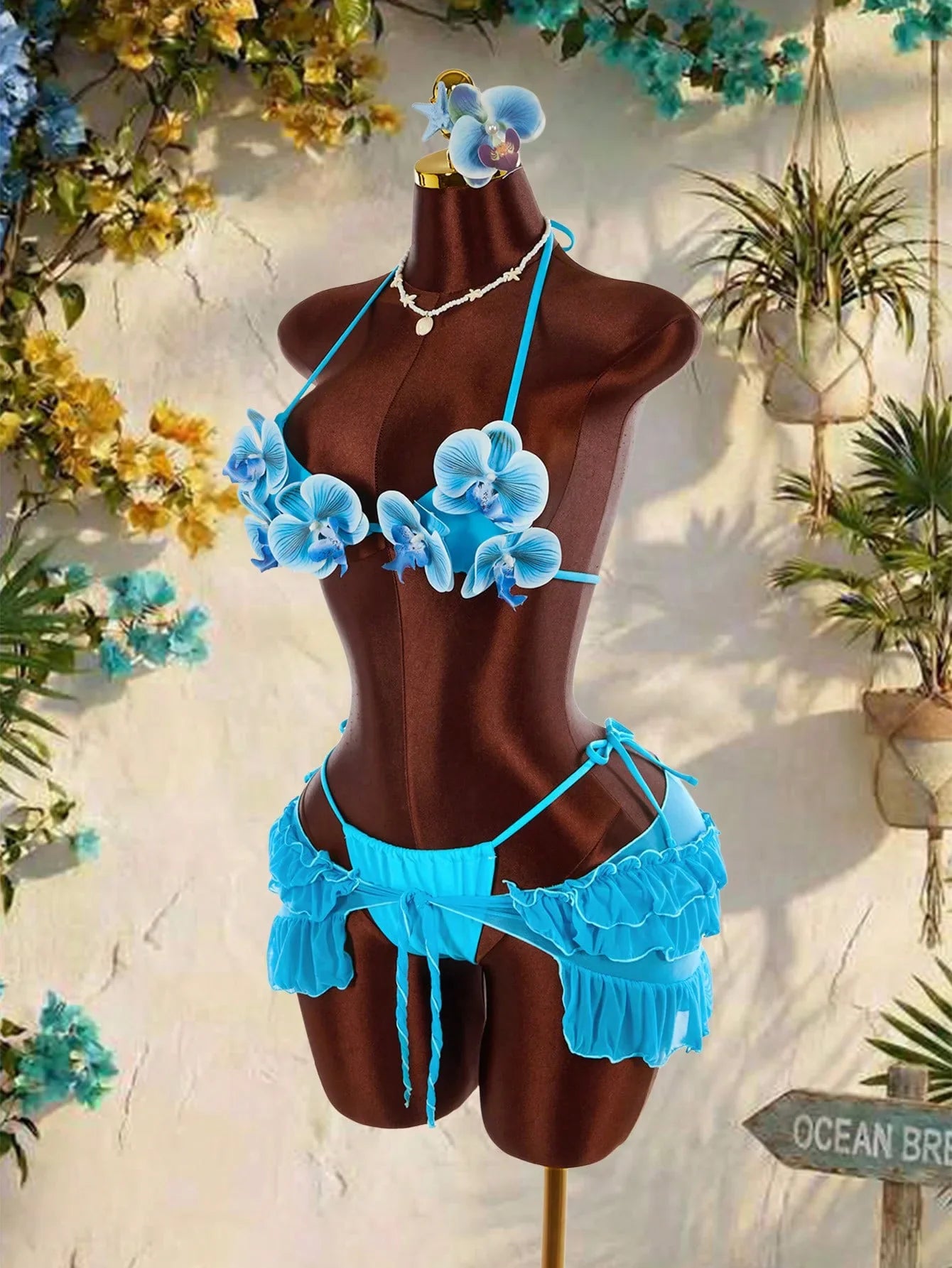 Vintage Blue 3D Floral Bikinis Sets