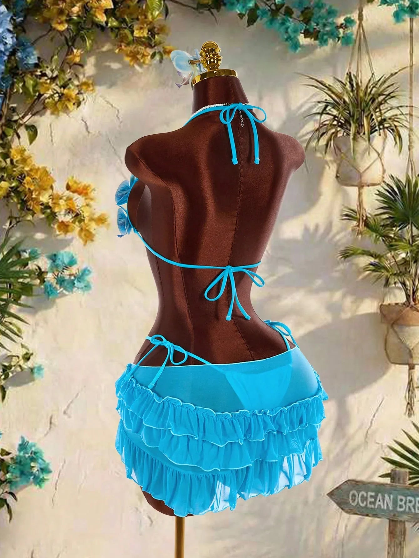 Vintage Blue 3D Floral Bikinis Sets