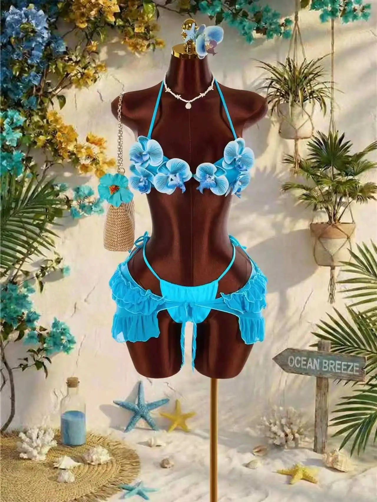 Vintage Blue 3D Floral Bikinis Sets
