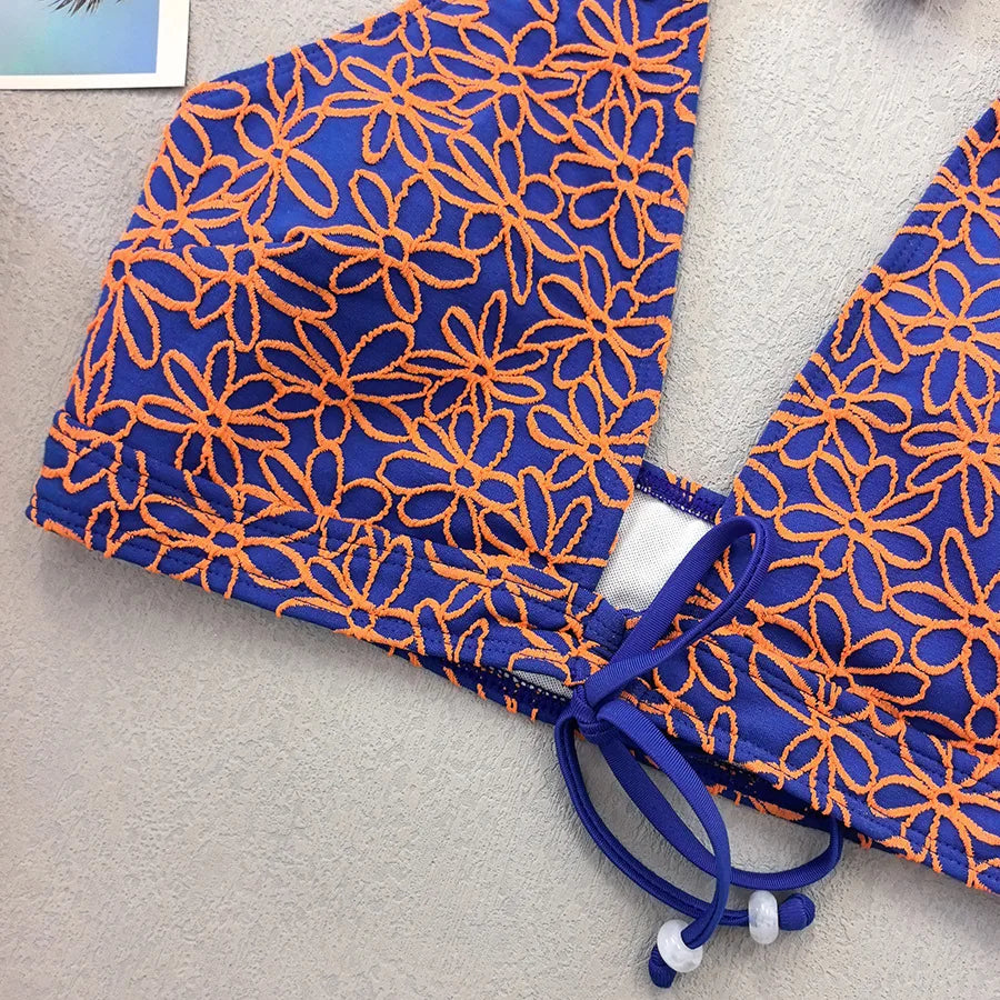 Vintage Blue 3D Flower Bikini Set