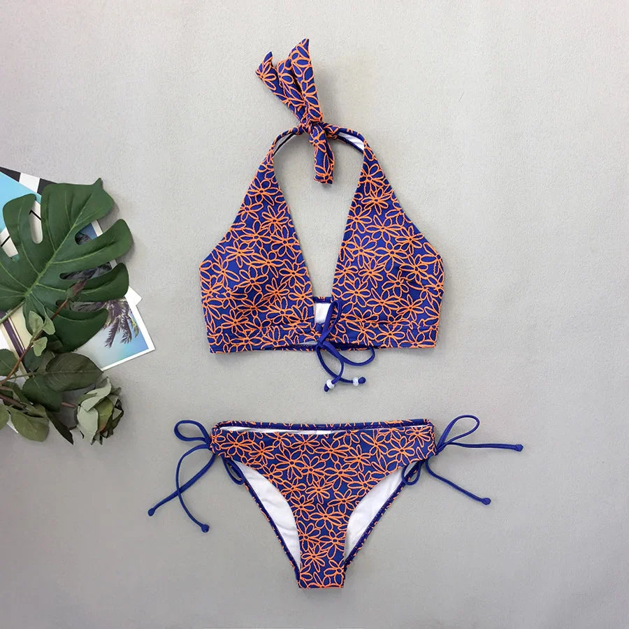 Vintage Blue 3D Flower Bikini Set
