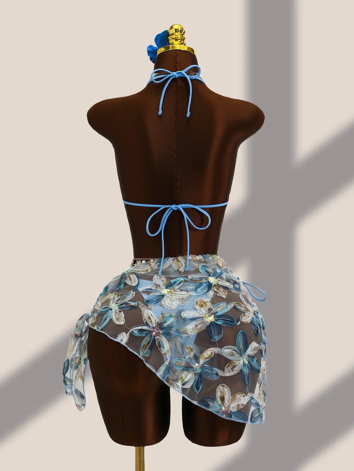 Vintage Blue Floral Embroidery Cover Up 3 Piece Bikini Set