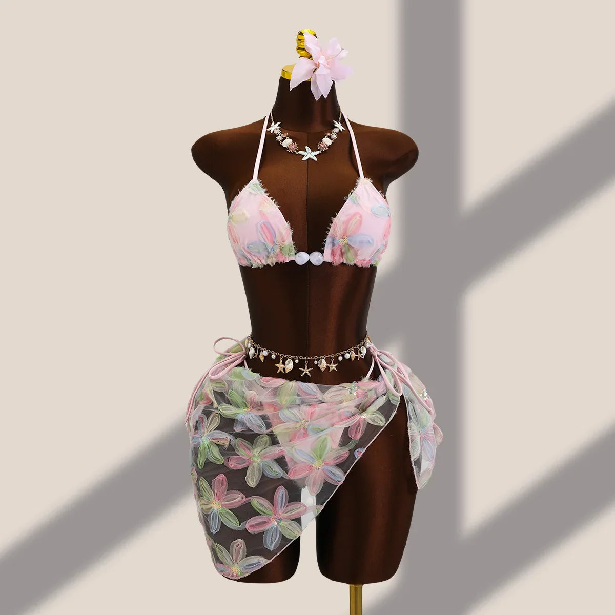 Vintage Blue Floral Embroidery Cover Up 3 Piece Bikini Set