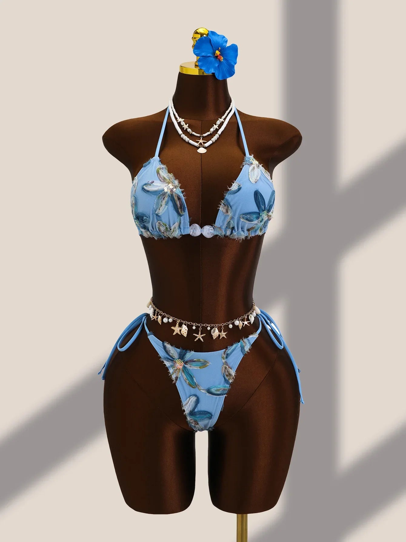 Vintage Blue Floral Embroidery Cover Up 3 Piece Bikini Set