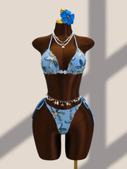 Vintage Blue Floral Embroidery Cover Up 3 Piece Bikini Set