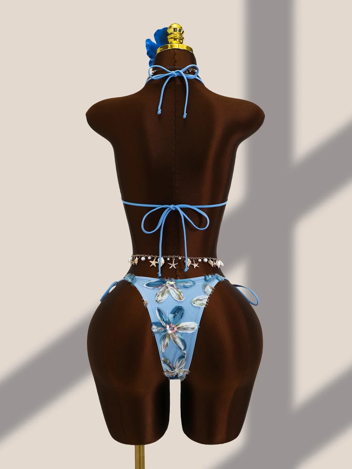 Vintage Blue Floral Embroidery Cover Up 3 Piece Bikini Set
