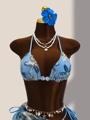 Vintage Blue Floral Embroidery Cover Up 3 Piece Bikini Set