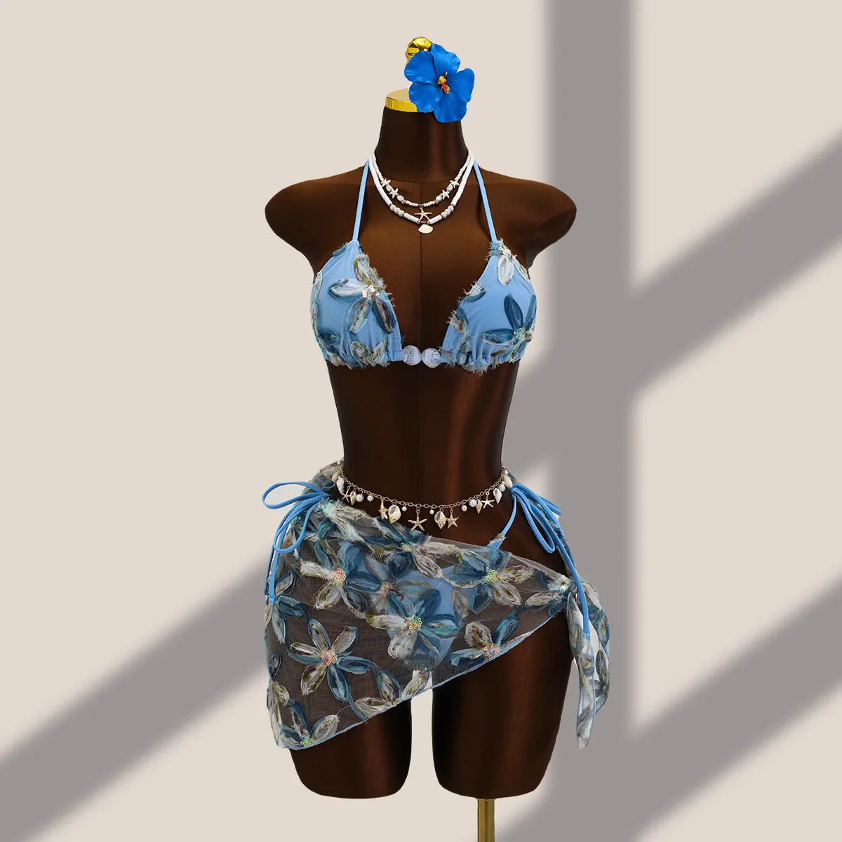 Vintage Blue Floral Embroidery Cover Up 3 Piece Bikini Set