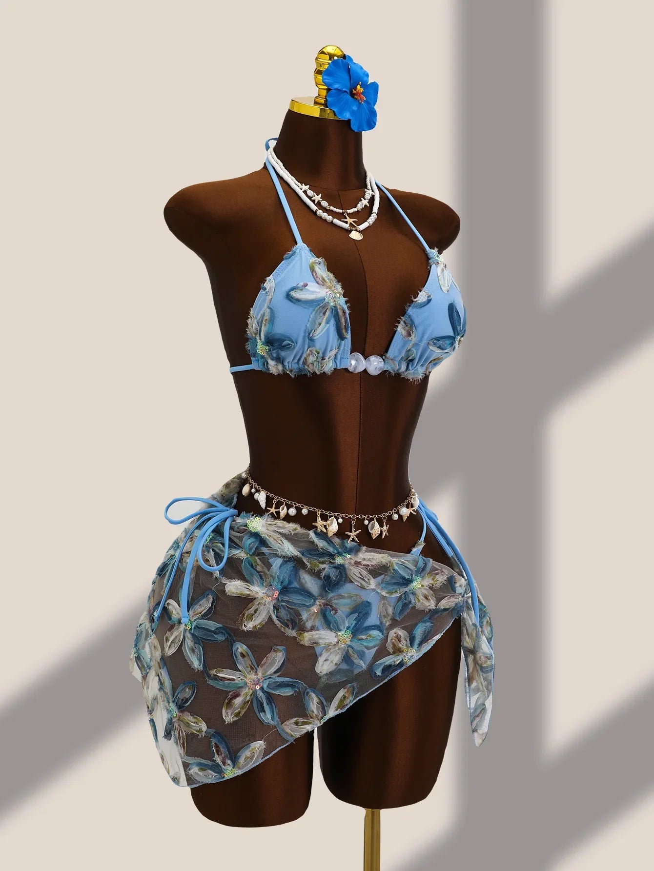 Vintage Blue Floral Embroidery Cover Up 3 Piece Bikini Set