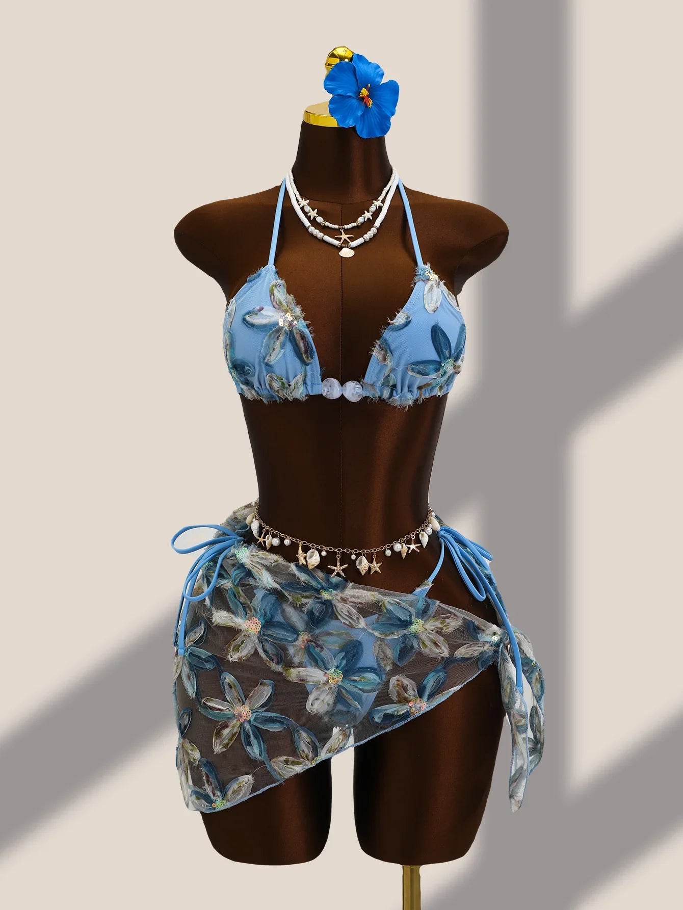 Vintage Blue Floral Embroidery Cover Up 3 Piece Bikini Set
