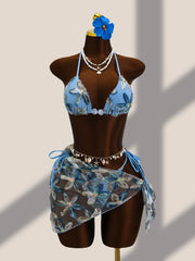Vintage Blue Floral Embroidery Cover Up 3 Piece Bikini Set