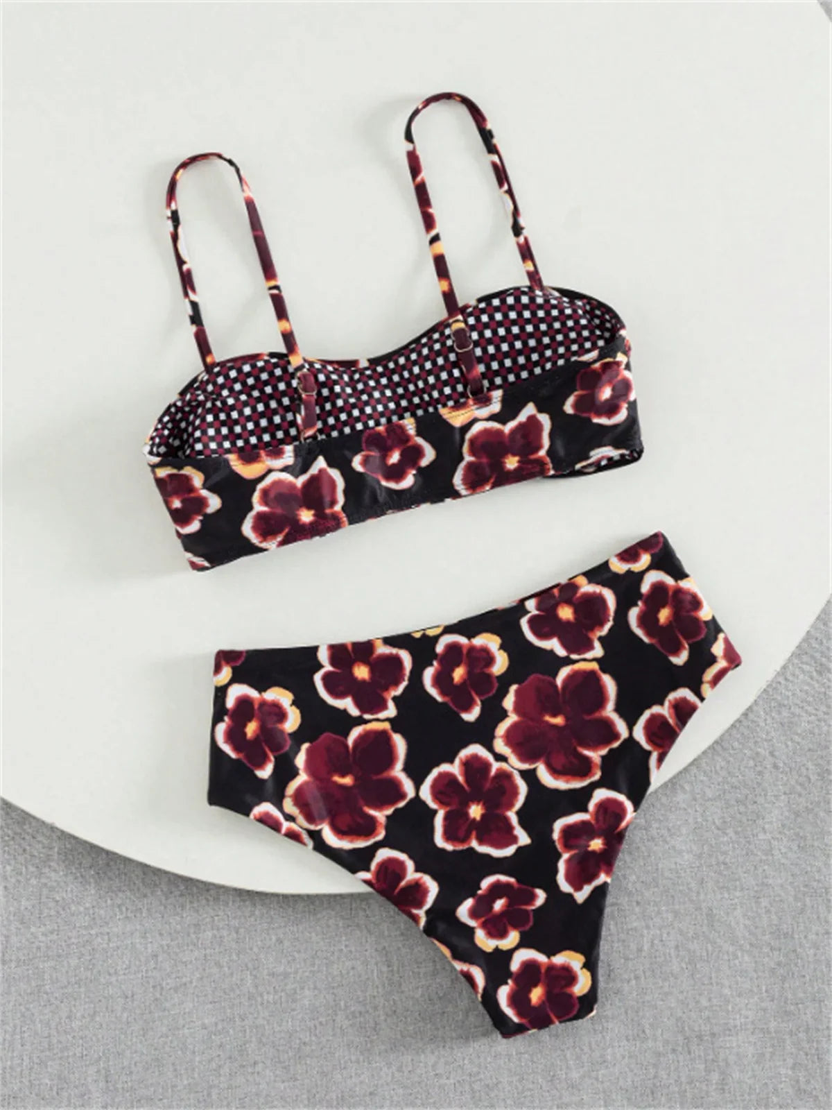 Vintage Blue Floral Print Bikini Set