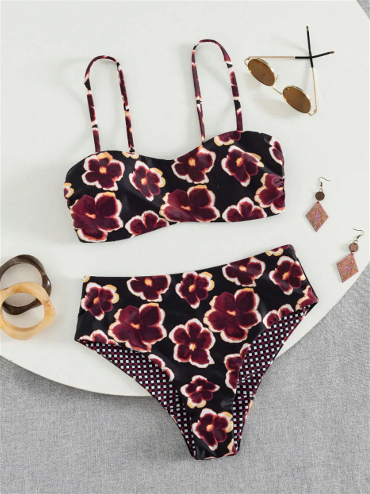 Vintage Blue Floral Print Bikini Set