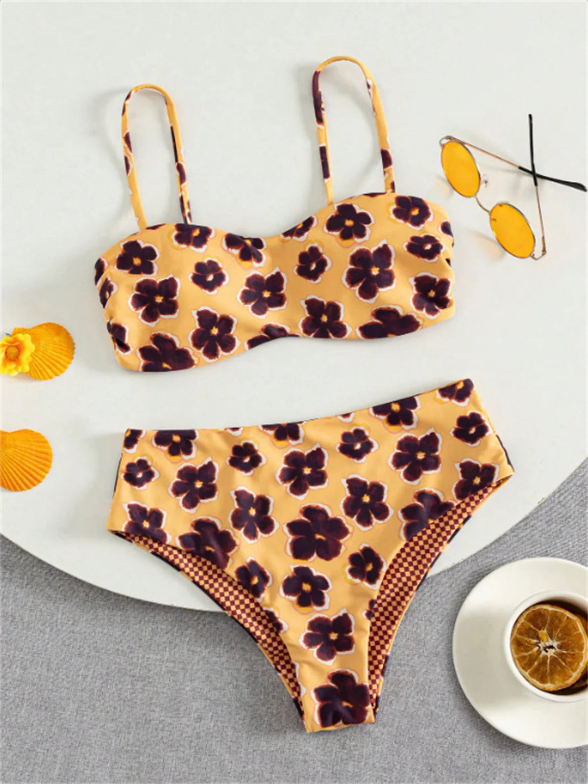 Vintage Blue Floral Print Bikini Set