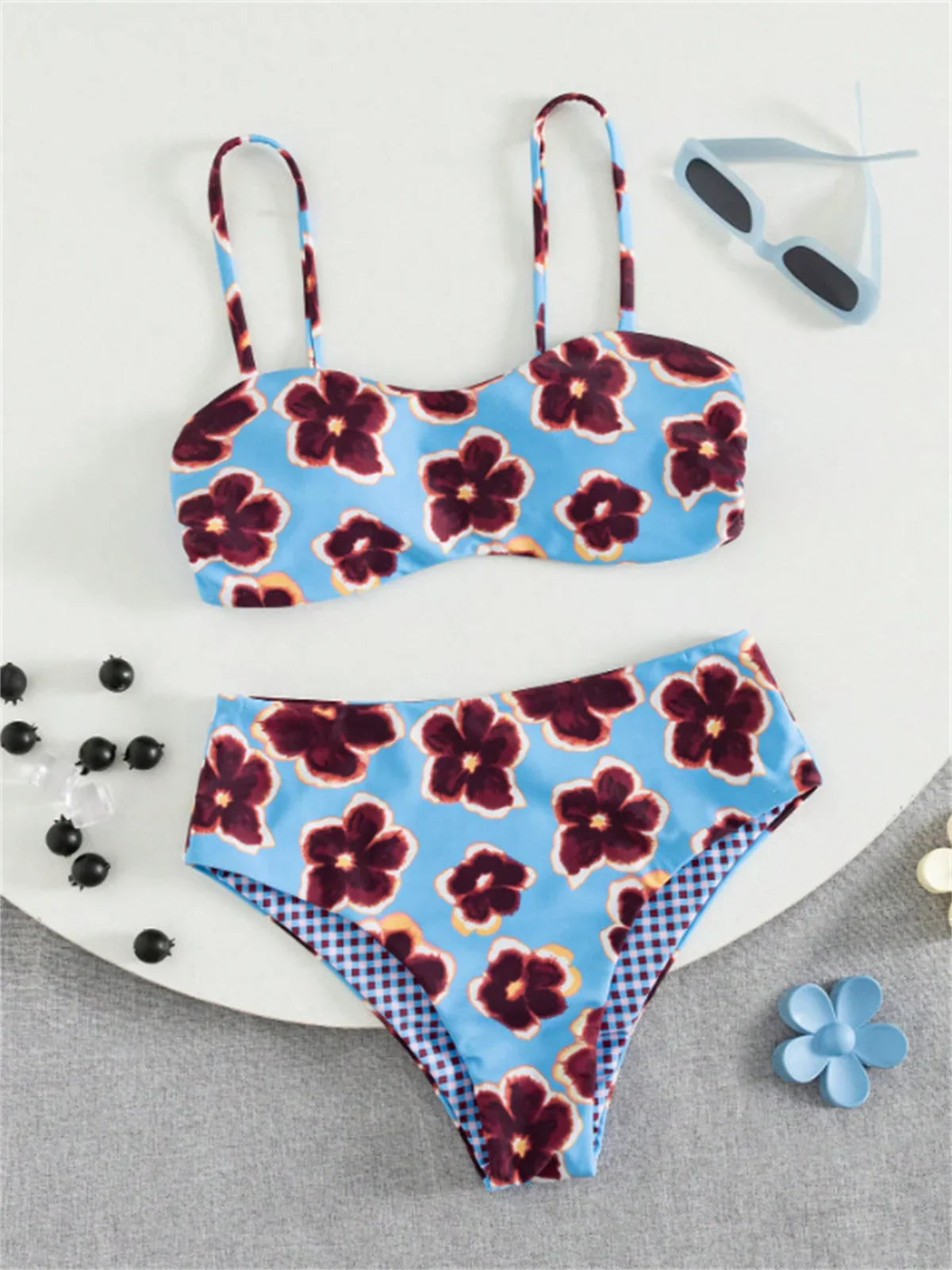 Vintage Blue Floral Print Bikini Set