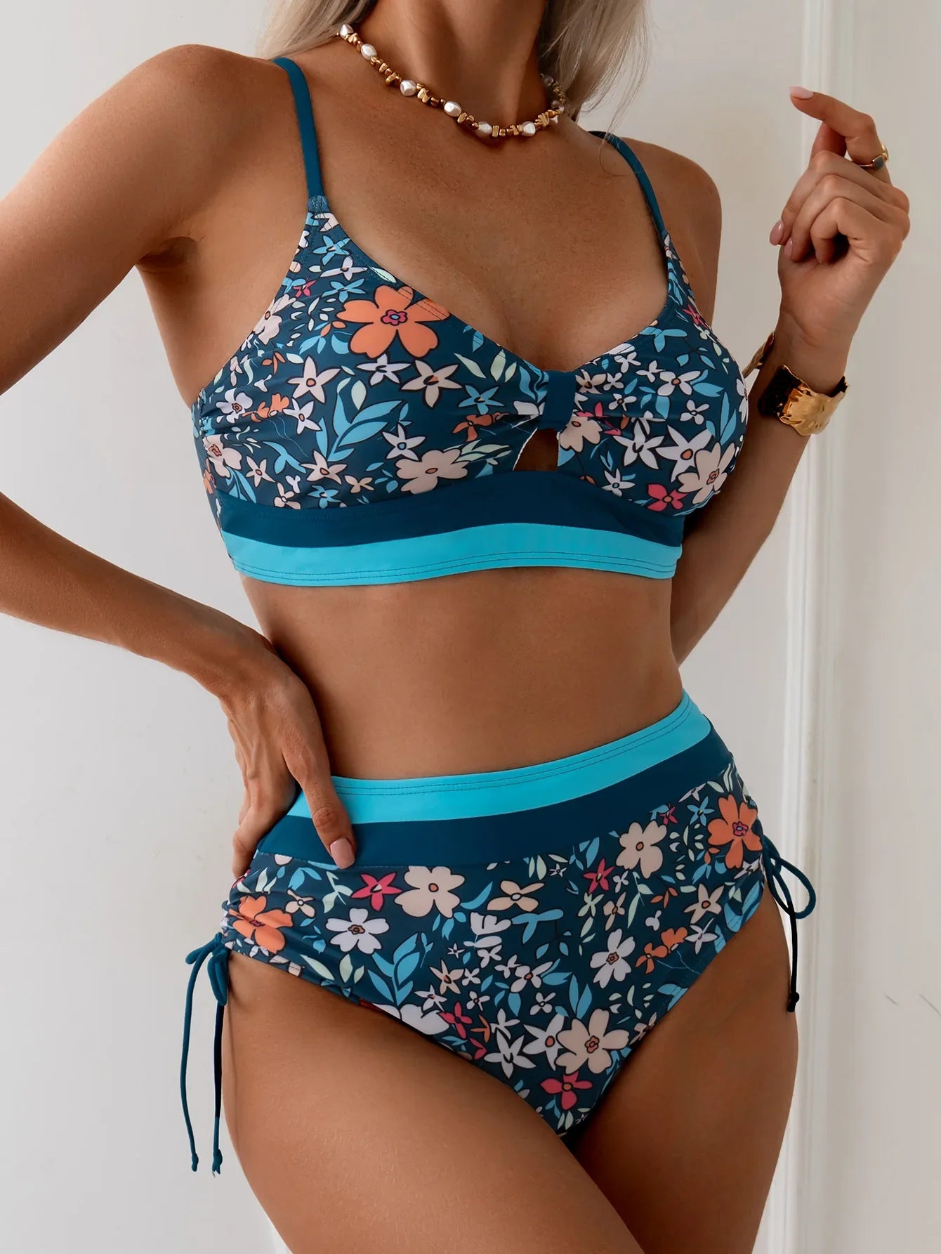 Vintage Blue Floral Print Bikini Hollow Out Push Up Drawstring Side High Waist Swimsuit Beach Bathing Suit Swimwear