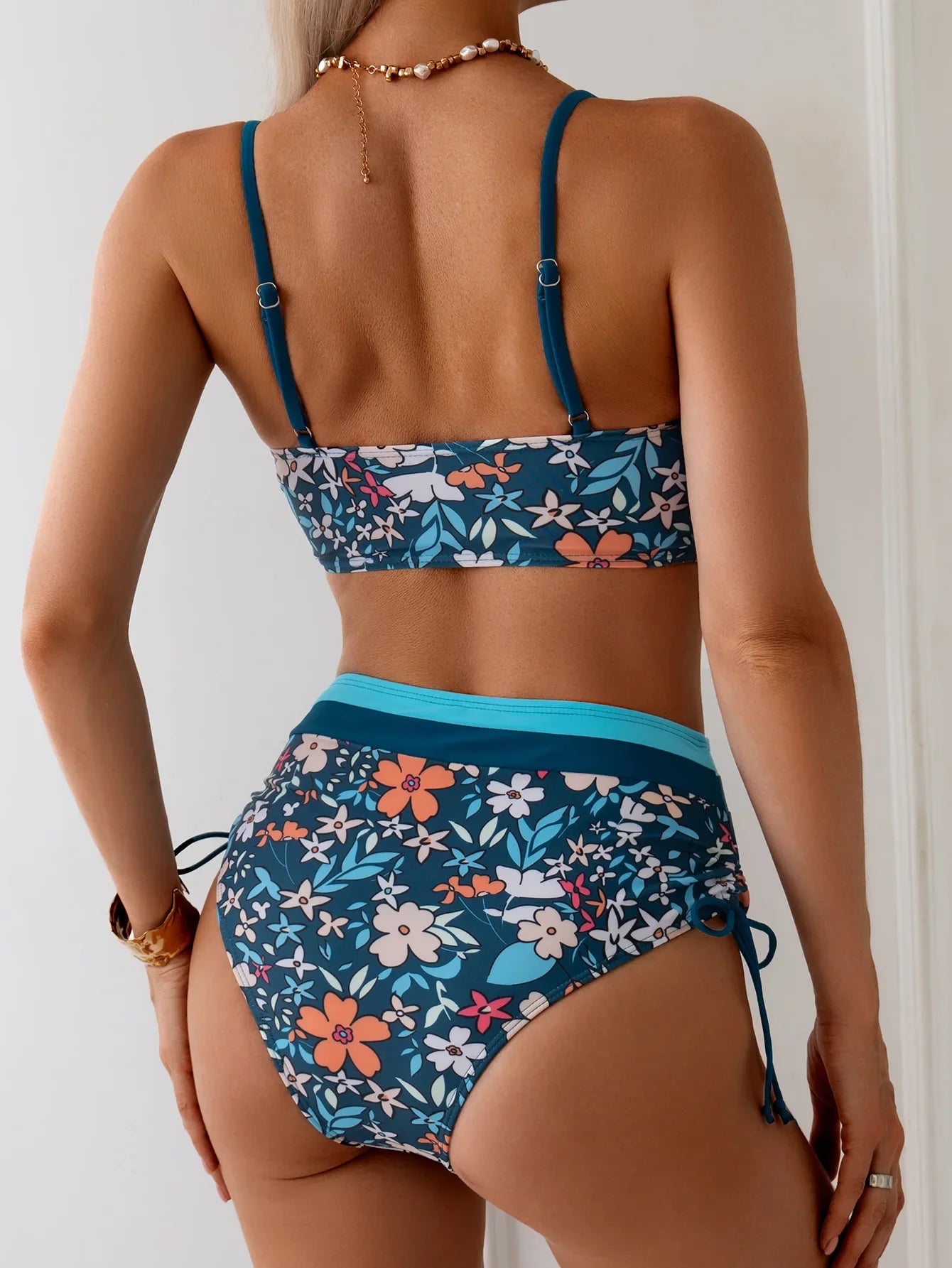 Vintage Blue Floral Print Bikini Hollow Out Push Up Drawstring Side High Waist Swimsuit Beach Bathing Suit Swimwear