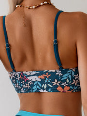 Vintage Blue Floral Print Bikini Hollow Out Push Up Drawstring Side High Waist Swimsuit Beach Bathing Suit Swimwear
