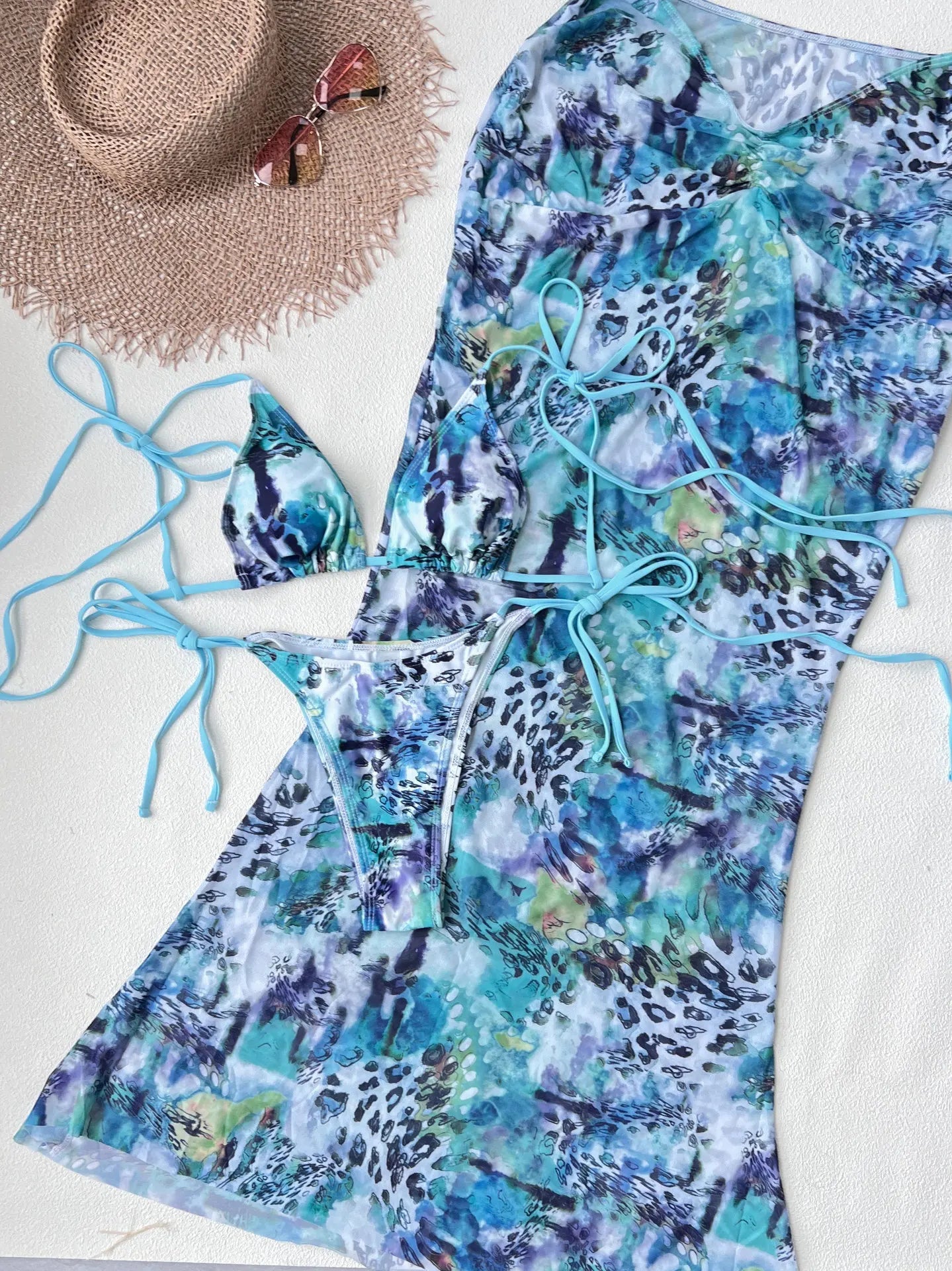 Vintage Blue Tie Dye Leopard Print Bikini Set