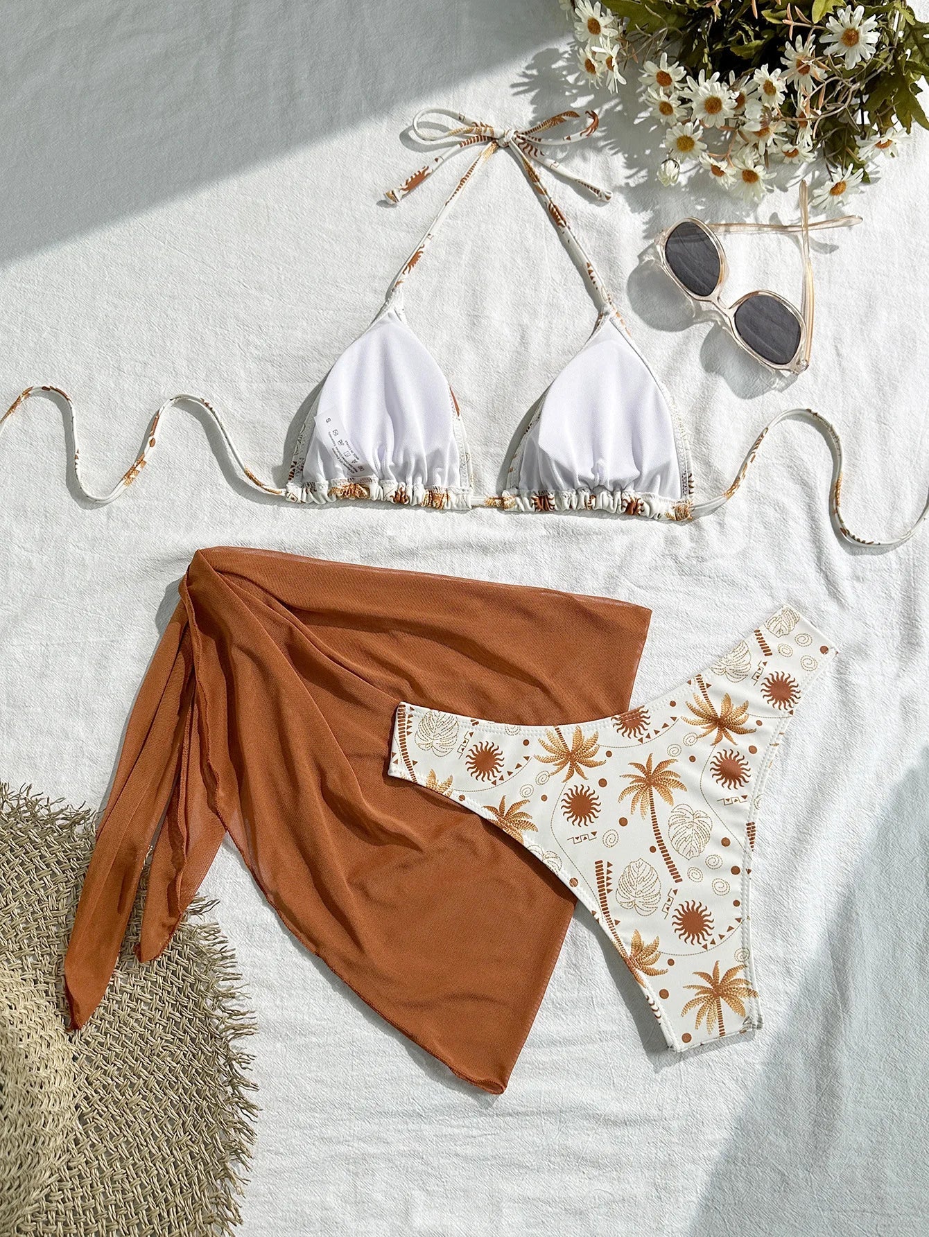 Vintage Brown Coconut Tree Print Bikini Set