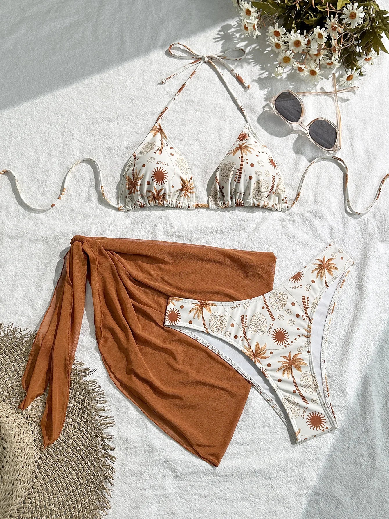 Vintage Brown Coconut Tree Print Bikini Set