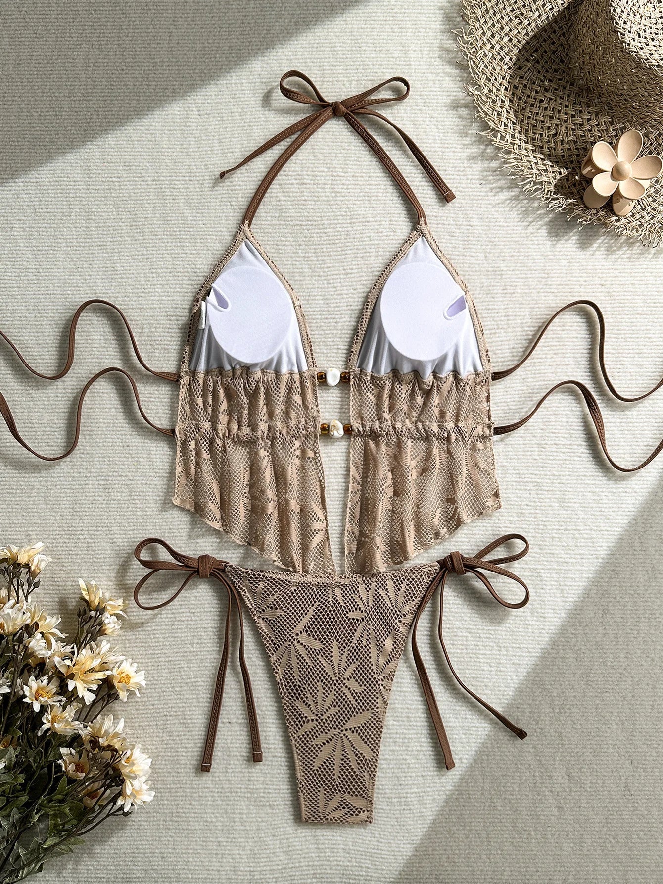 Vintage Brown Hook Flower Bikini Set