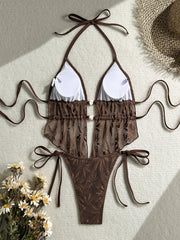 Vintage Brown Hook Flower Bikini Set
