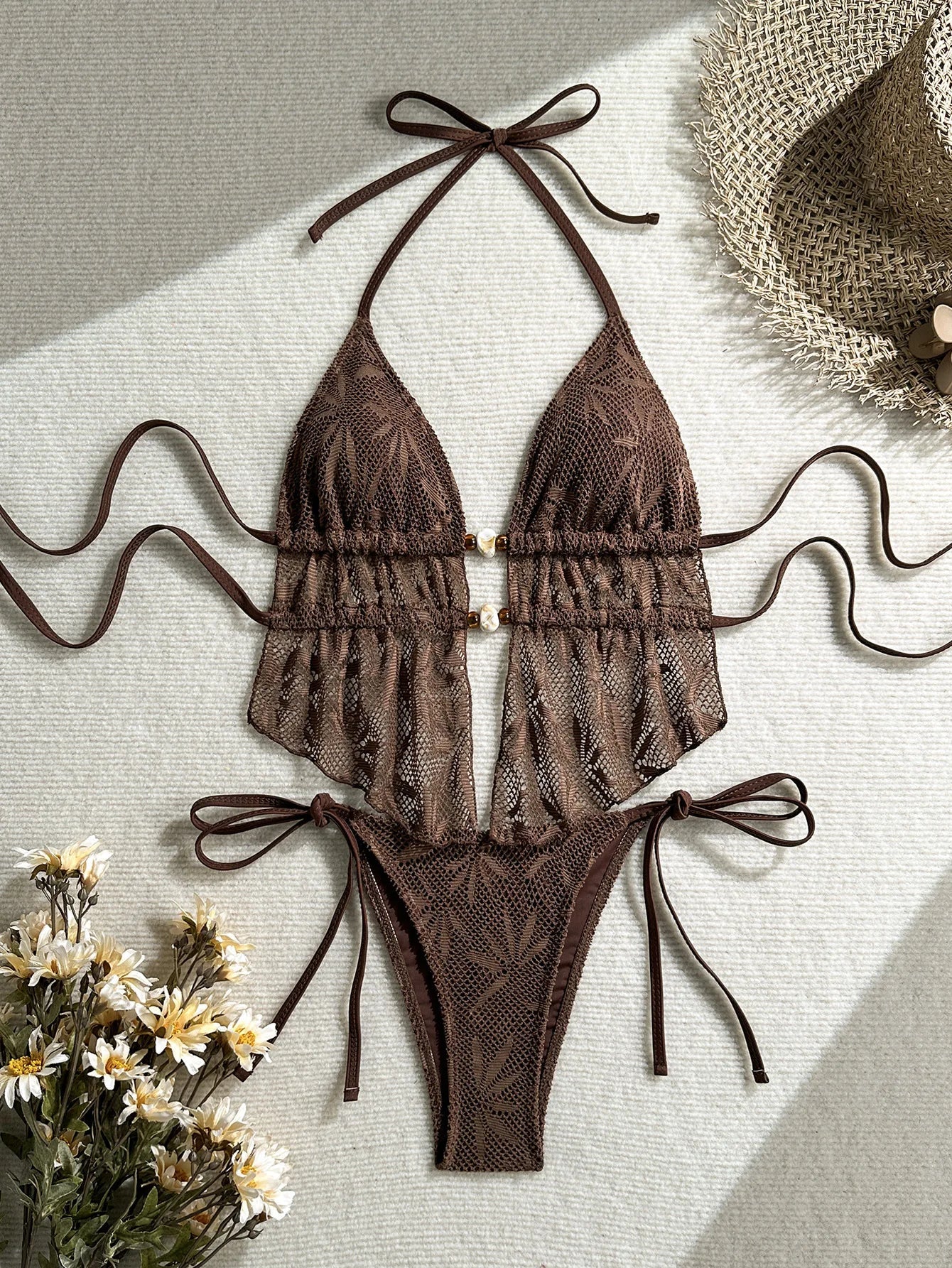 Vintage Brown Hook Flower Bikini Set