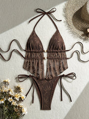 Vintage Brown Hook Flower Bikini Set