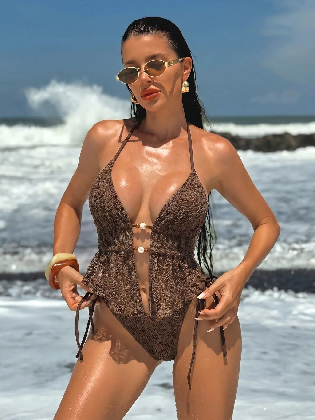 Vintage Brown Hook Flower Bikini Set