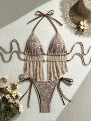 Vintage Brown Hook Flower Bikini Set