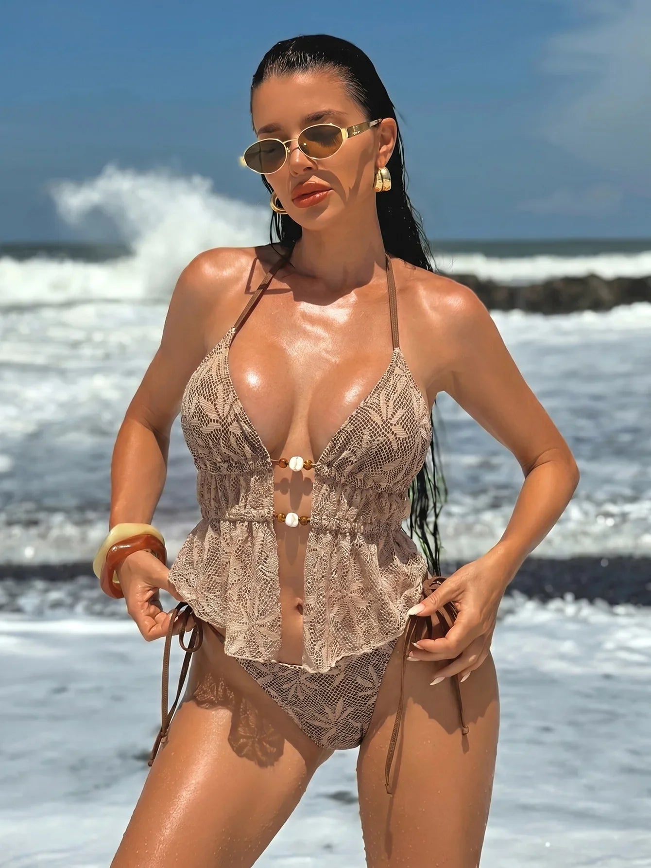 Vintage Brown Hook Flower Bikini Set