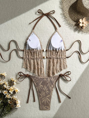 Vintage Brown Hook Flower Bikini Set