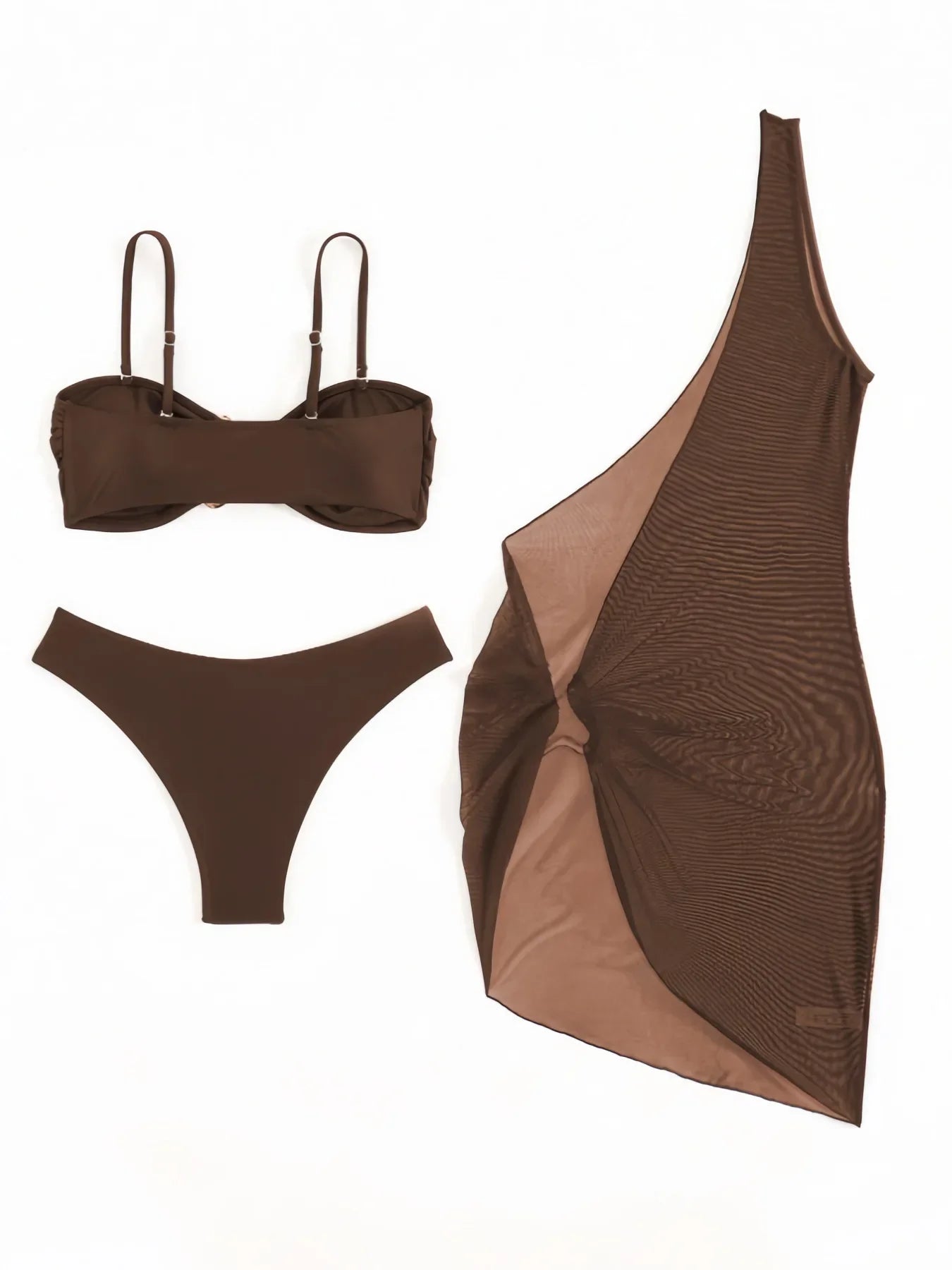 Vintage Coffee Black Mesh Dress 3 Piece Bikini Set