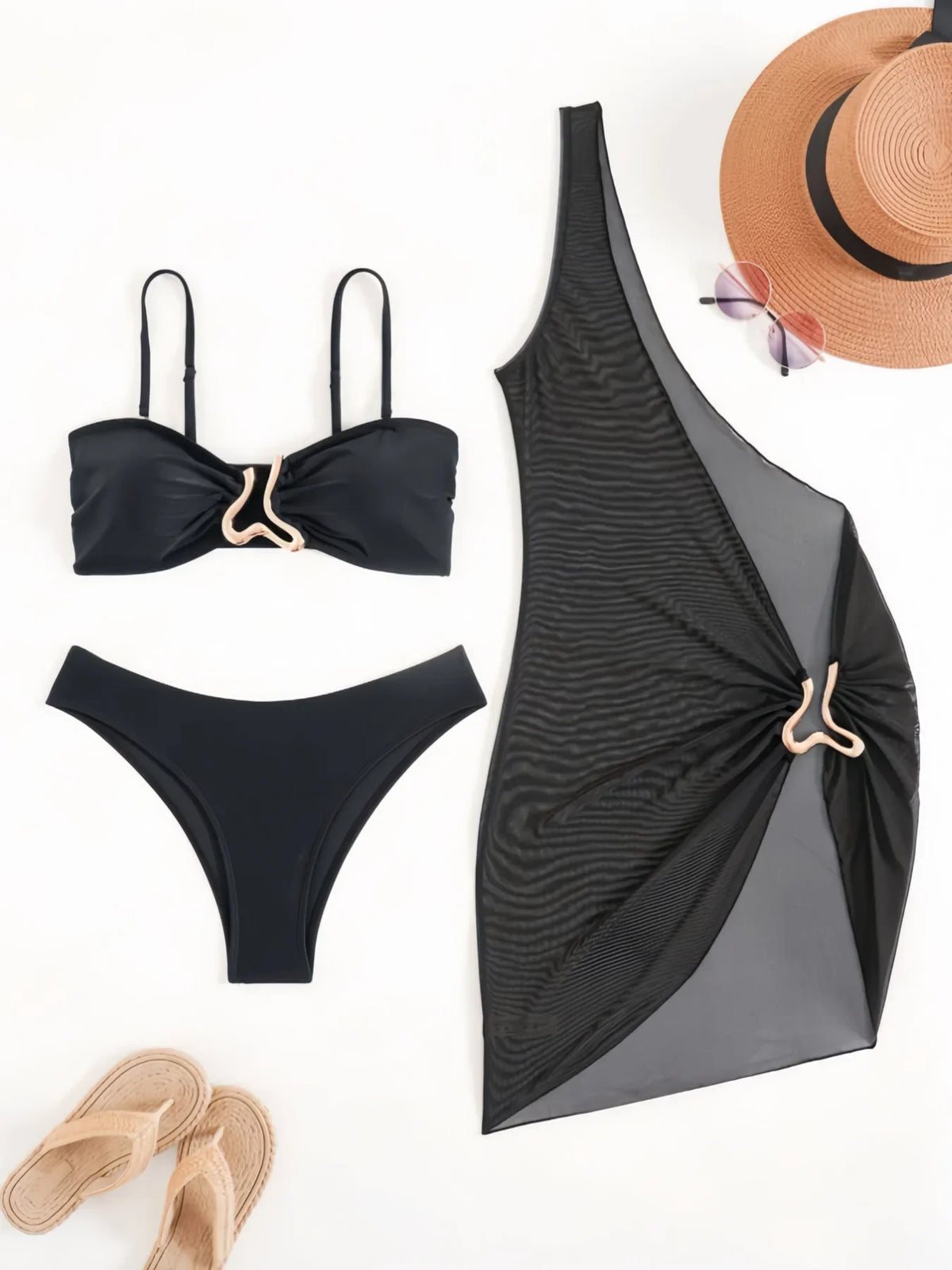 Vintage Coffee Black Mesh Dress 3 Piece Bikini Set