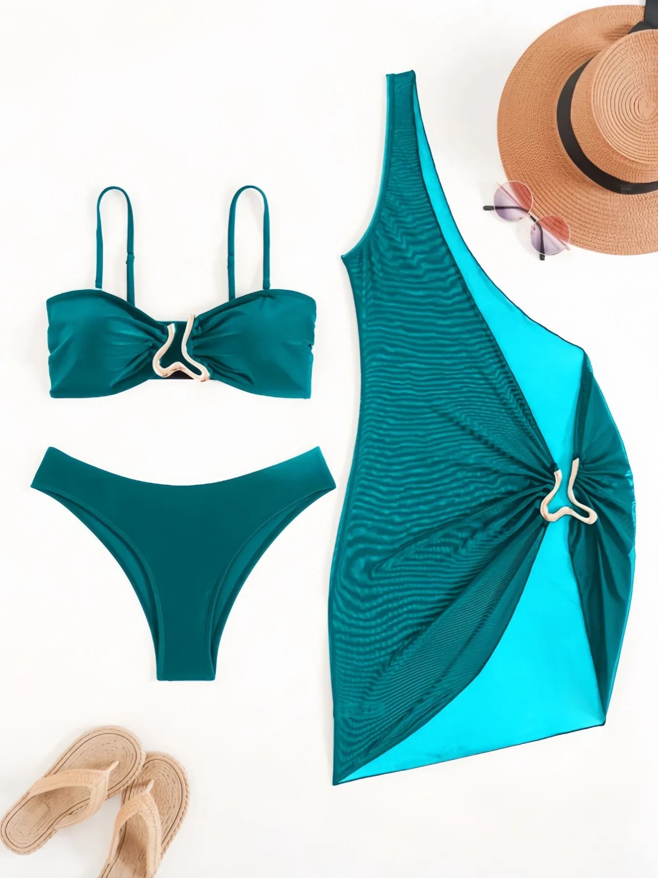 Vintage Coffee Black Mesh Dress 3 Piece Bikini Set