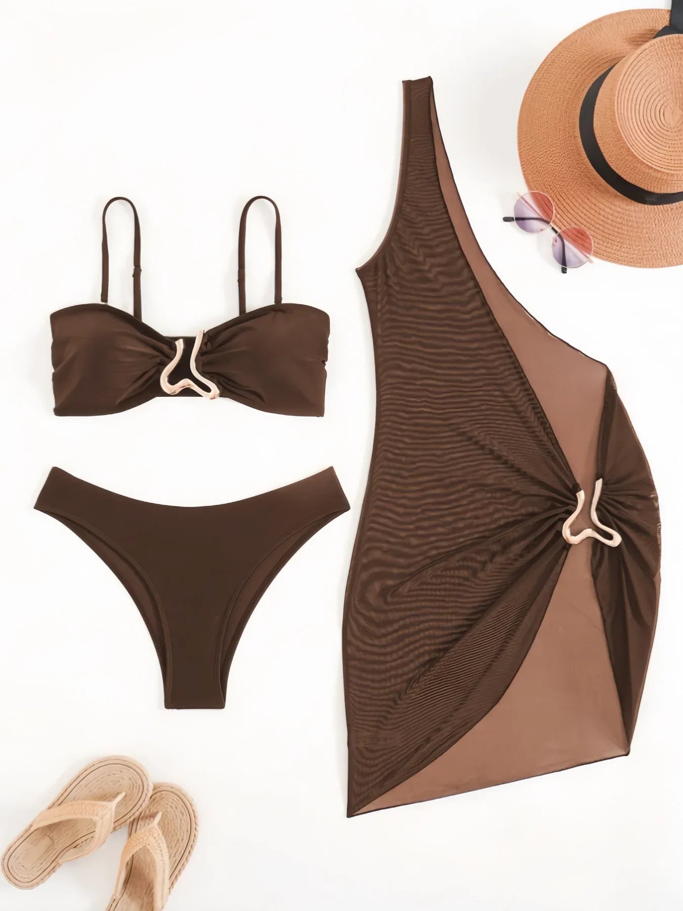 Vintage Coffee Black Mesh Dress 3 Piece Bikini Set