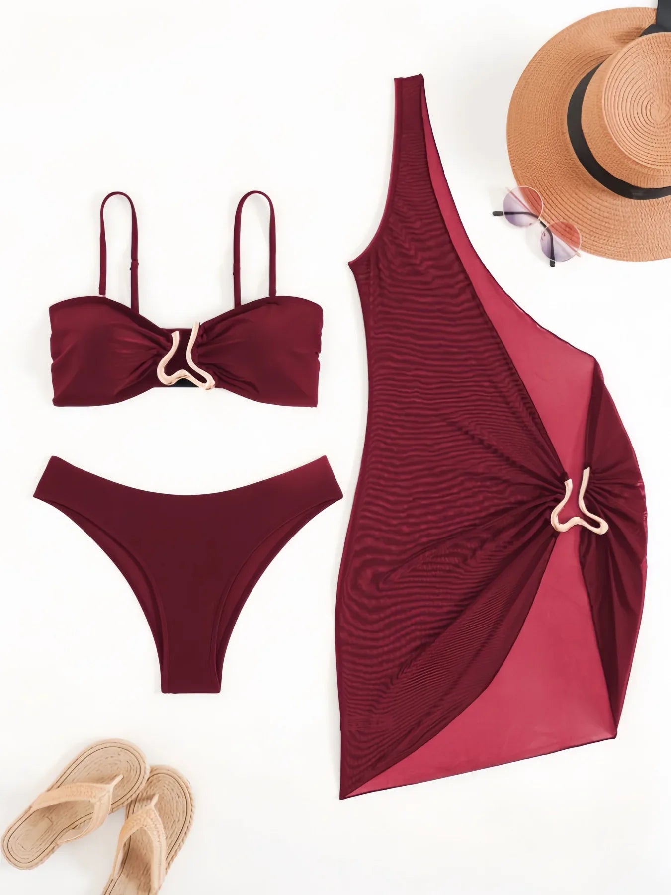 Vintage Coffee Black Mesh Dress 3 Piece Bikini Set