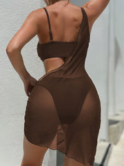 Vintage Coffee Black Mesh Dress 3 Piece Bikini Set