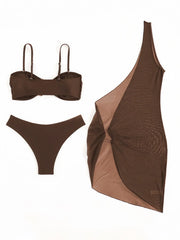 Vintage Coffee Black Mesh Dress 3 Piece Bikini Set