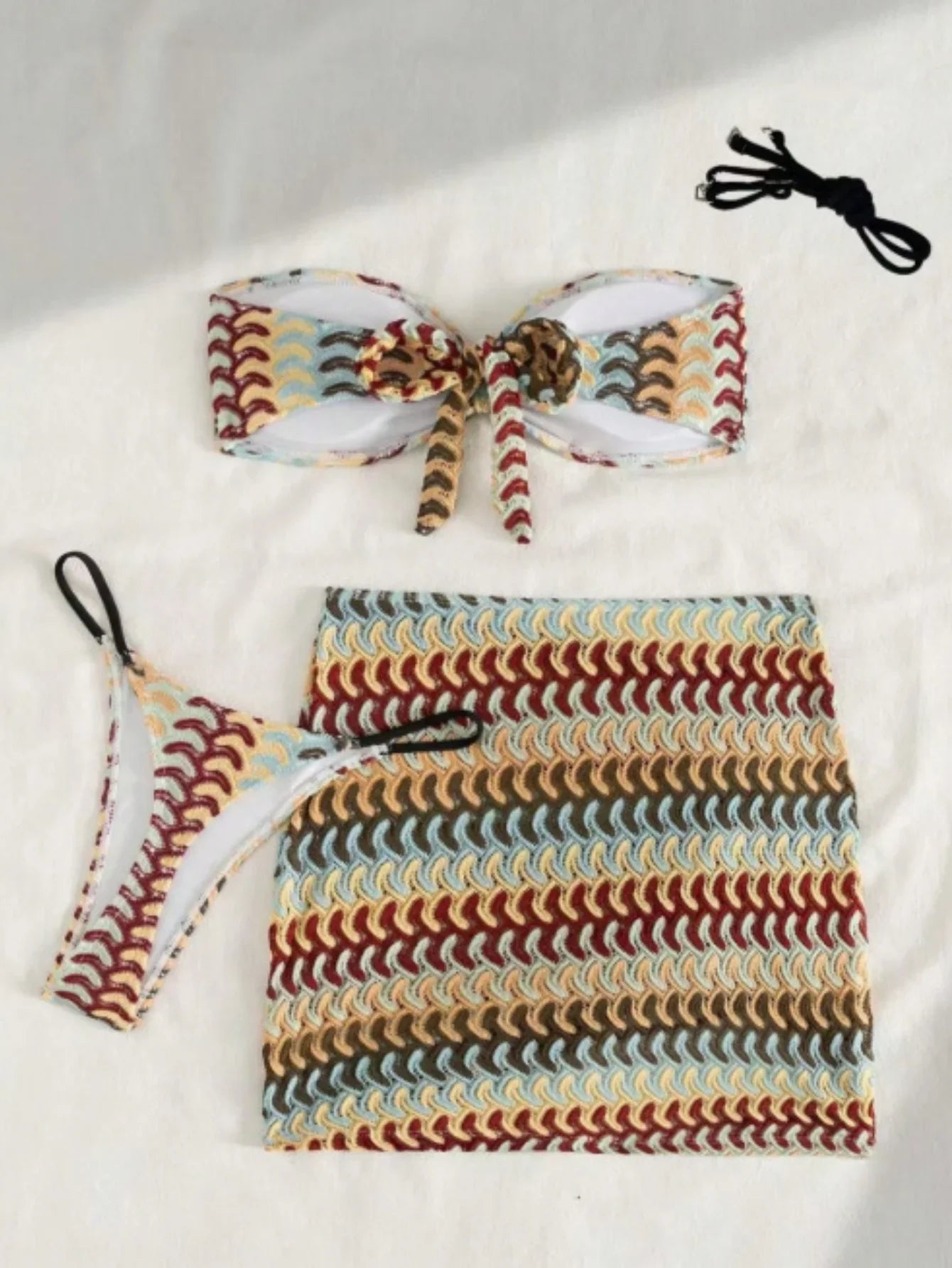 Vintage Coffee Striped Bikini Bandeau Pleate Push Up Bra Skirt 3 Piece Swimsuit Beach Bathing Suit