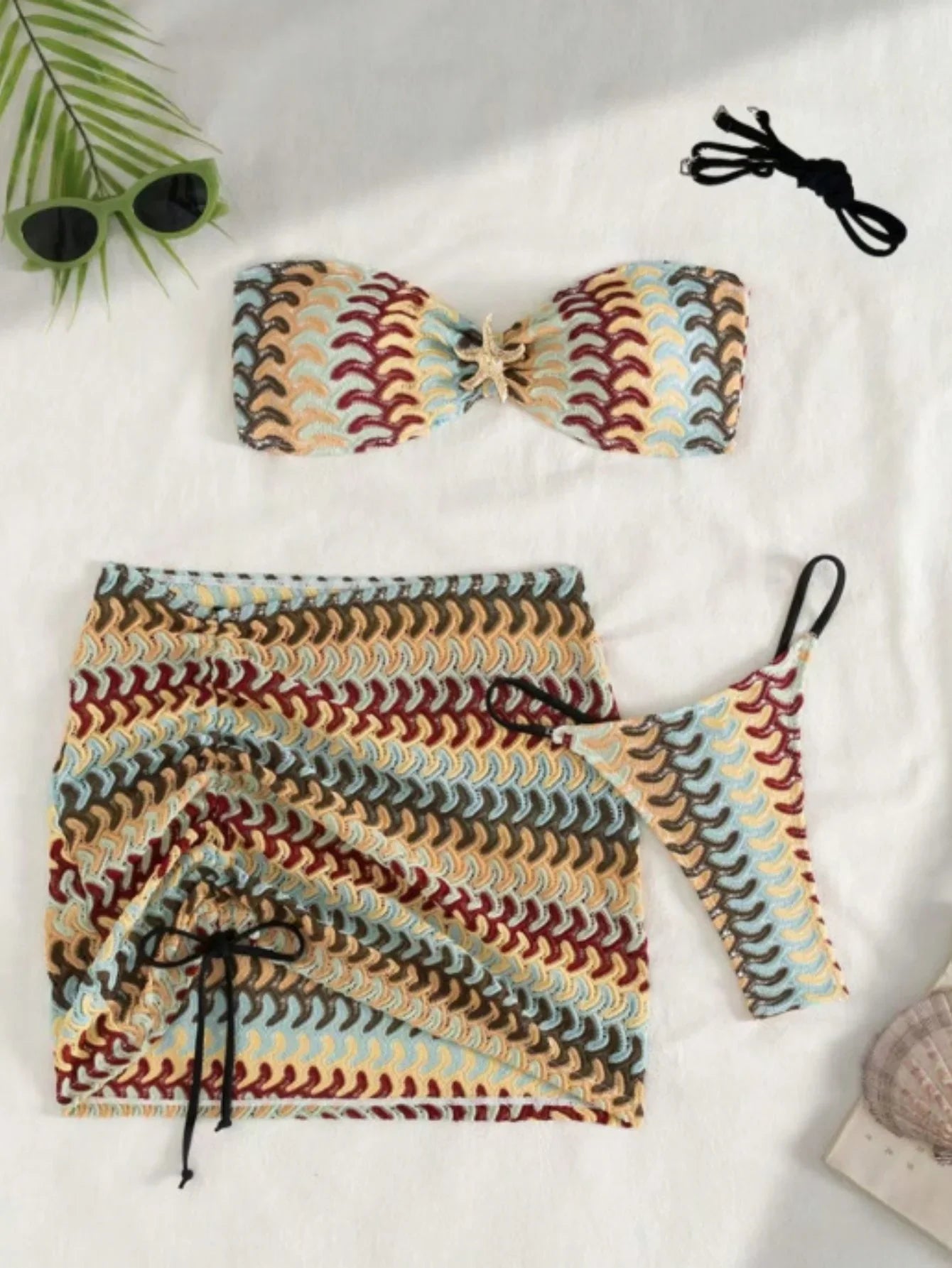 Vintage Coffee Striped Bikini Bandeau Pleate Push Up Bra Skirt 3 Piece Swimsuit Beach Bathing Suit