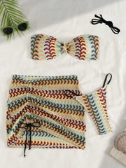 Vintage Coffee Striped Bikini Bandeau Pleate Push Up Bra Skirt 3 Piece Swimsuit Beach Bathing Suit