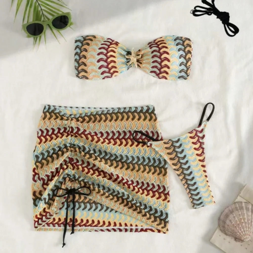 Vintage Coffee Striped Bikini Bandeau Pleate Push Up Bra Skirt 3 Piece Swimsuit Beach Bathing Suit