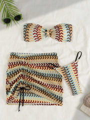 Vintage Coffee Striped Bikini Bandeau Pleate Push Up Bra Skirt 3 Piece Swimsuit Beach Bathing Suit