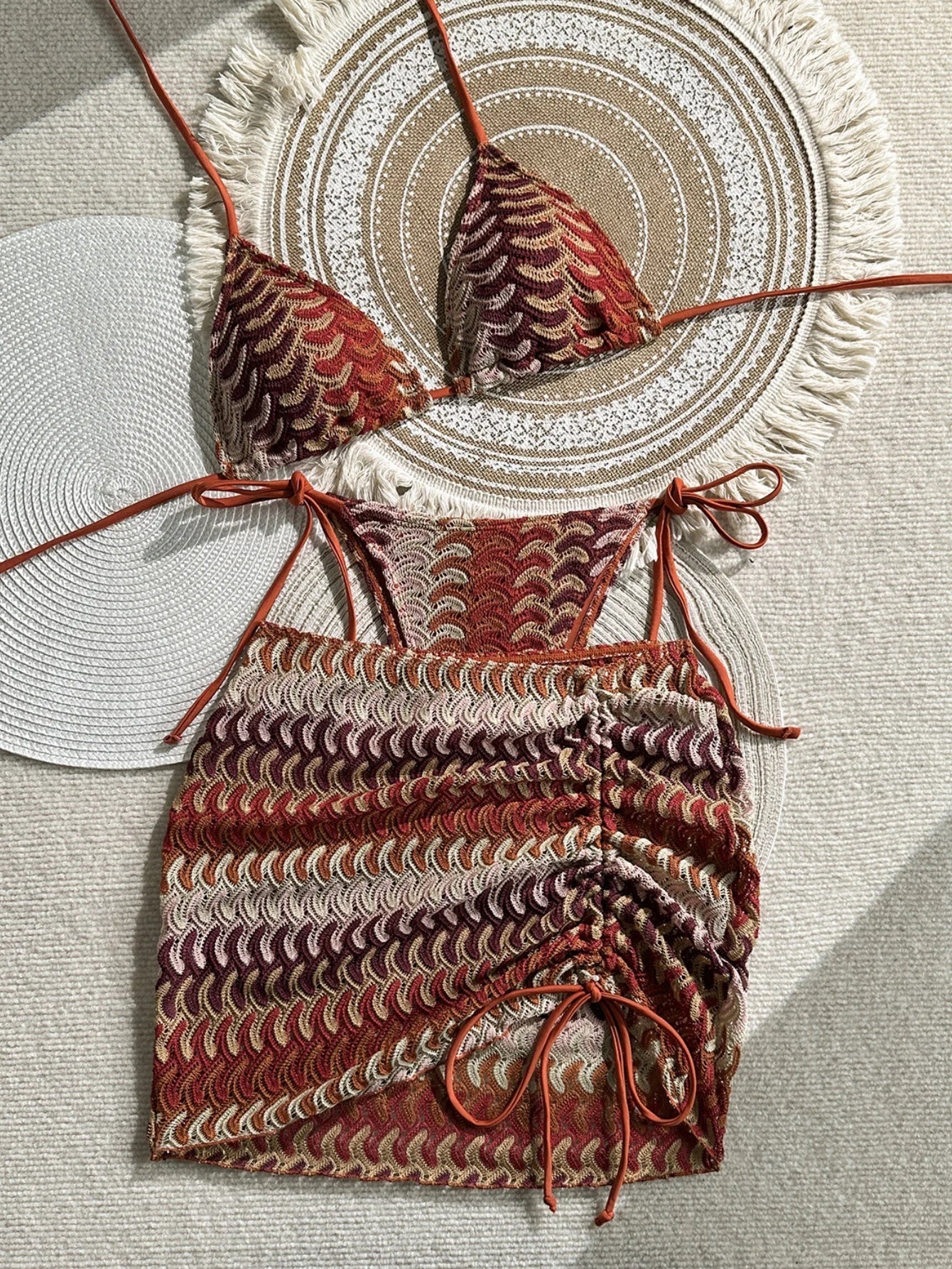 Vintage Coffee Striped Push Up Thong Bikini Set