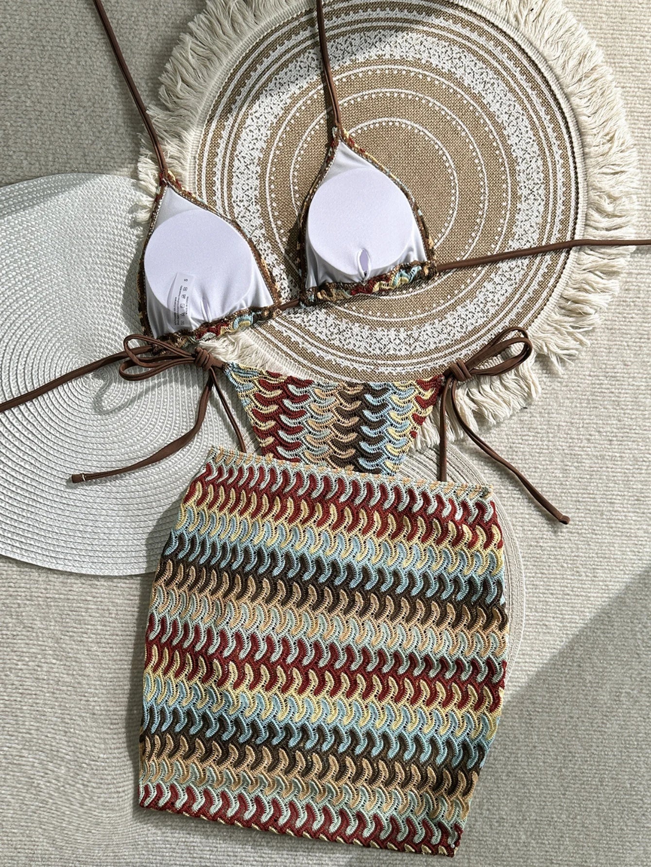 Vintage Coffee Striped Push Up Thong Bikini Set